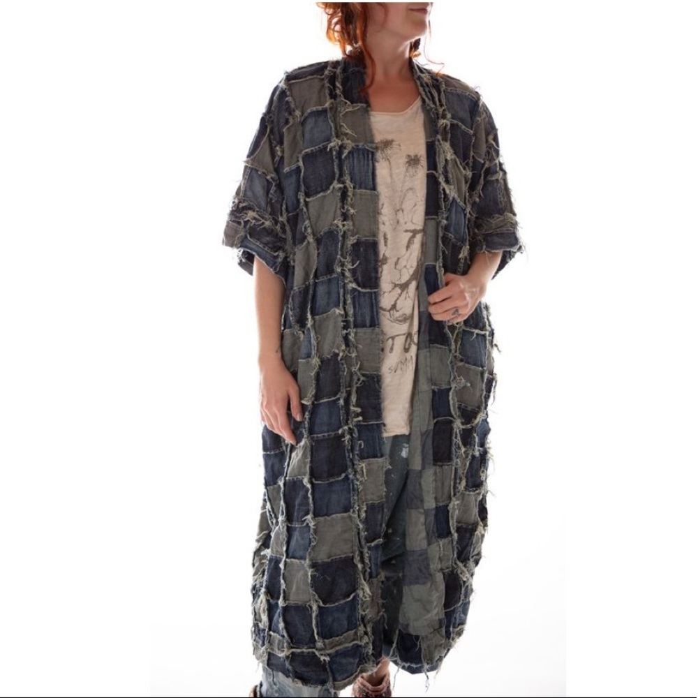 COTTON PATCHED DENIM DASHI KIMONO WITH RAW EDGES